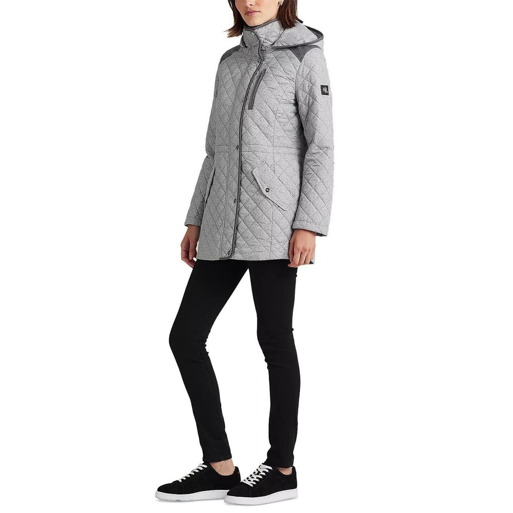 LAUREN‎ RALPH LAUREN Women's Quilted Hooded Coat Light Grey Herringbone Size XS